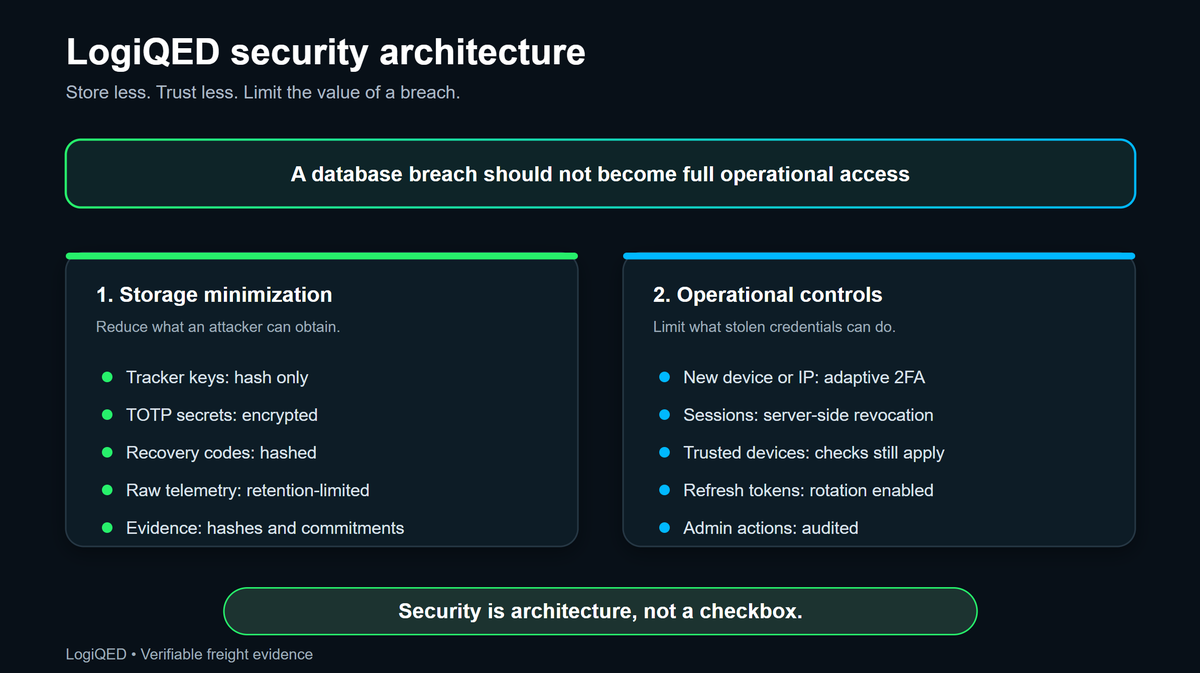 LogiQED's tweet photo. LogiQED security architecture.

Two layers:

• Storage minimization - store less
• Operational controls - trust less

A database breach should not become complete operational access.

Security is architecture, not a checkbox.

https://t.co/FN8jouEhBI

#CyberSecurity #LogisticsTech #DataProtection