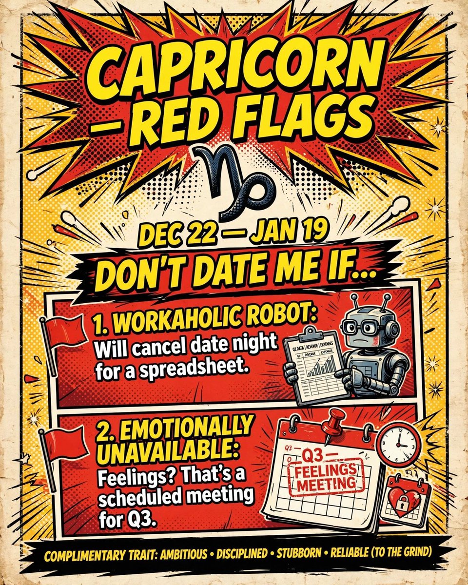 ZodiacVibesHQ's tweet photo. Capricorn Red Flags ๐ฉ๐
โจ๏ธ1. Workaholic robot: Will cancel date night for a spreadsheet.
โจ๏ธ2. Emotionally unavailable: Feelings? Thatโs a scheduled meeting for Q3.
Caps, is the grind > romance or nah? ๐ผ
#ZodiacMemes #CapricornRedFlags #AstrologyTok #ComicZodiac https://t.co/RSp1ib3mmJ
