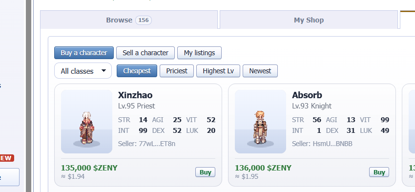 CrustHood's tweet photo. Character Market looking interesting 👀🔥 XinZhao, a Lv.95 Priest with 99 INT and 52 DEX is listed for 135K ZENY. Absorb, a Lv.93 Knight with 99 VIT, is 136K. Which one would you pick? 🤔 @IdleROGame #IdleRO https://t.co/XxRKxrbXho