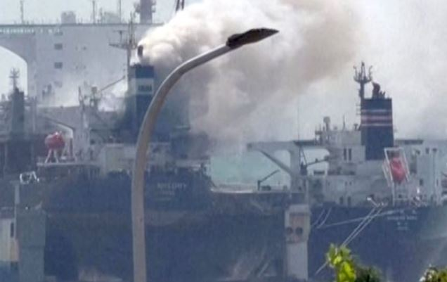 OrissaPOSTLive's tweet photo. At least 20 people were killed after a fire broke out aboard a foreign-flagged cargo ship undergoing repairs at the Qingdao Beihai shipyard in eastern China, state media reported Thursday.

#China #Qingdao #ShipFire #ShipyardFire #CargoShip #FireAccident #OrissaPOST

📲 Follow Orissa POST – Odisha’s No. 1 English Daily 📰✨