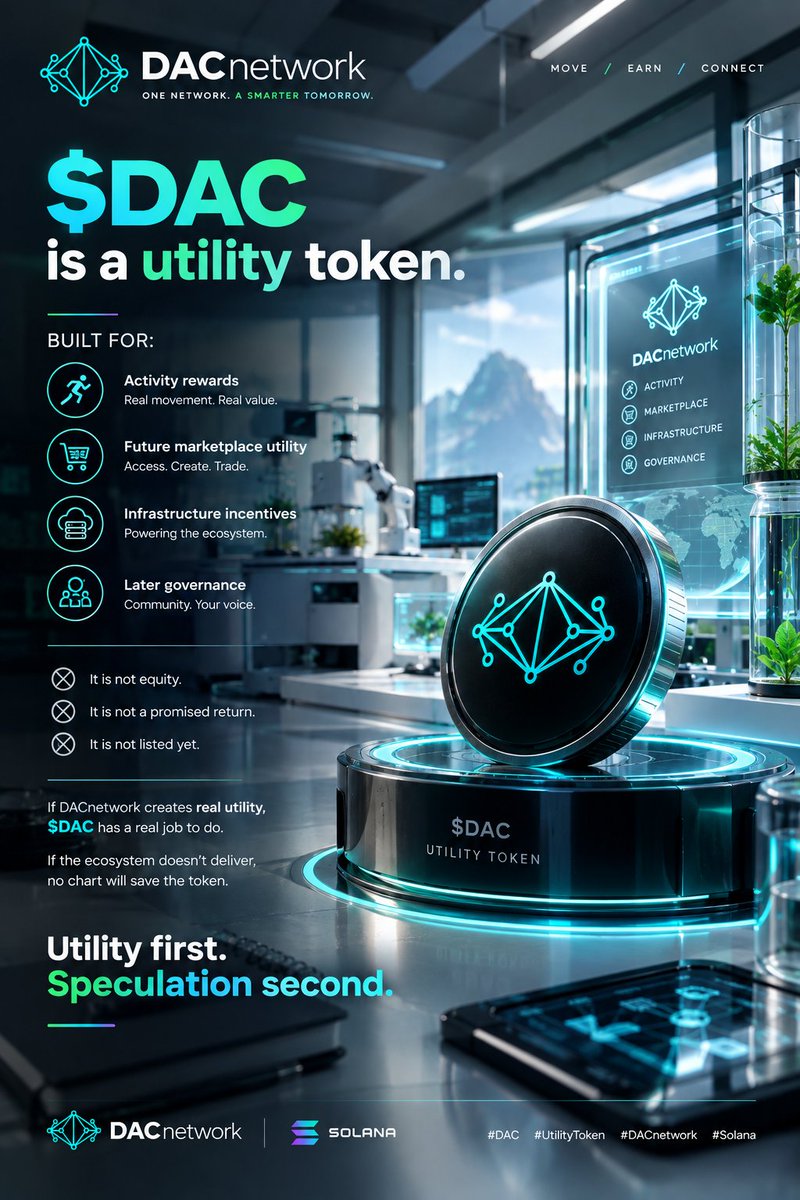 DACLabs's tweet photo. $DAC is a utility token.

Built for:
→ Activity rewards
→ Future marketplace utility
→ Infrastructure incentives
→ Later governance
It is not equity.
It is not a promised return.
It is not listed yet.

If DACnetwork creates real utility, $DAC has a real job to do.

If the ecosystem doesn’t deliver, no chart will save the token.

Utility first. Speculation second.

#DAC #UtilityToken #DACnetwork #Solana #Web3‌‌