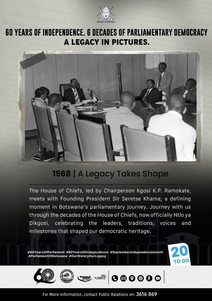 botswana_speaks's tweet photo. 𝟲𝟬 𝗬𝗘𝗔𝗥𝗦 𝗢𝗙 𝗜𝗡𝗗𝗘𝗣𝗘𝗡𝗗𝗘𝗡𝗖𝗘. 𝟲 𝗗𝗘𝗖𝗔𝗗𝗘𝗦 𝗢𝗙 𝗣𝗔𝗥𝗟𝗜𝗔𝗠𝗘𝗡𝗧𝗔𝗥𝗬 𝗗𝗘𝗠𝗢𝗖𝗥𝗔𝗖𝗬

1968 | A Legacy Takes Shape
The House of Chiefs, led by Chairperson Kgosi K. P. Ramokate, meets with Founding President Sir Seretse Khama. https://t.co/4hddgWZ63x