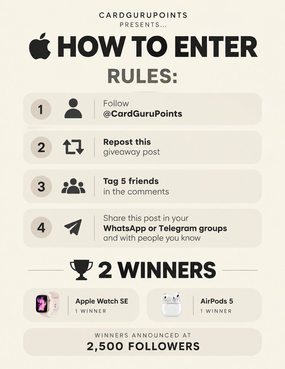 CardGuruPoints's tweet photo. Apple Watch SE or AirPods 5? 👀

HOW TO ENTER:👇

• Follow @CardGuruPoints &amp; @cokodive
• RT to enter
• Tag Friends!

🤝 In collaboration with @cokodive

— worldwide | winners Oct 10th

#Giveaway #AirPods5 #AppleWatch #AppleEvent https://t.co/J1sO8Y1V9V