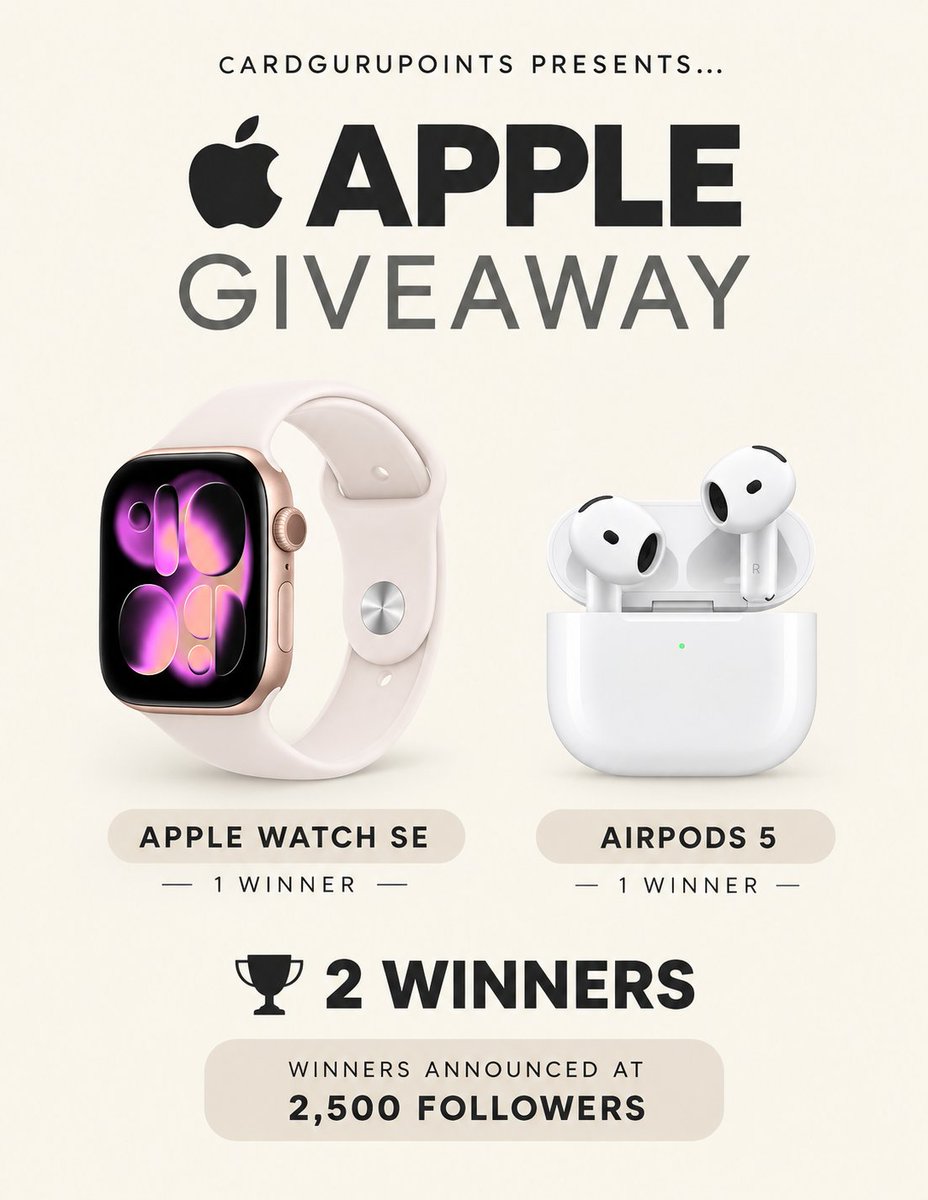 CardGuruPoints's tweet photo. Apple Watch SE or AirPods 5? 👀

HOW TO ENTER:👇

• Follow @CardGuruPoints &amp; @cokodive
• RT to enter
• Tag Friends!

🤝 In collaboration with @cokodive

— worldwide | winners Oct 10th

#Giveaway #AirPods5 #AppleWatch #AppleEvent https://t.co/J1sO8Y1V9V