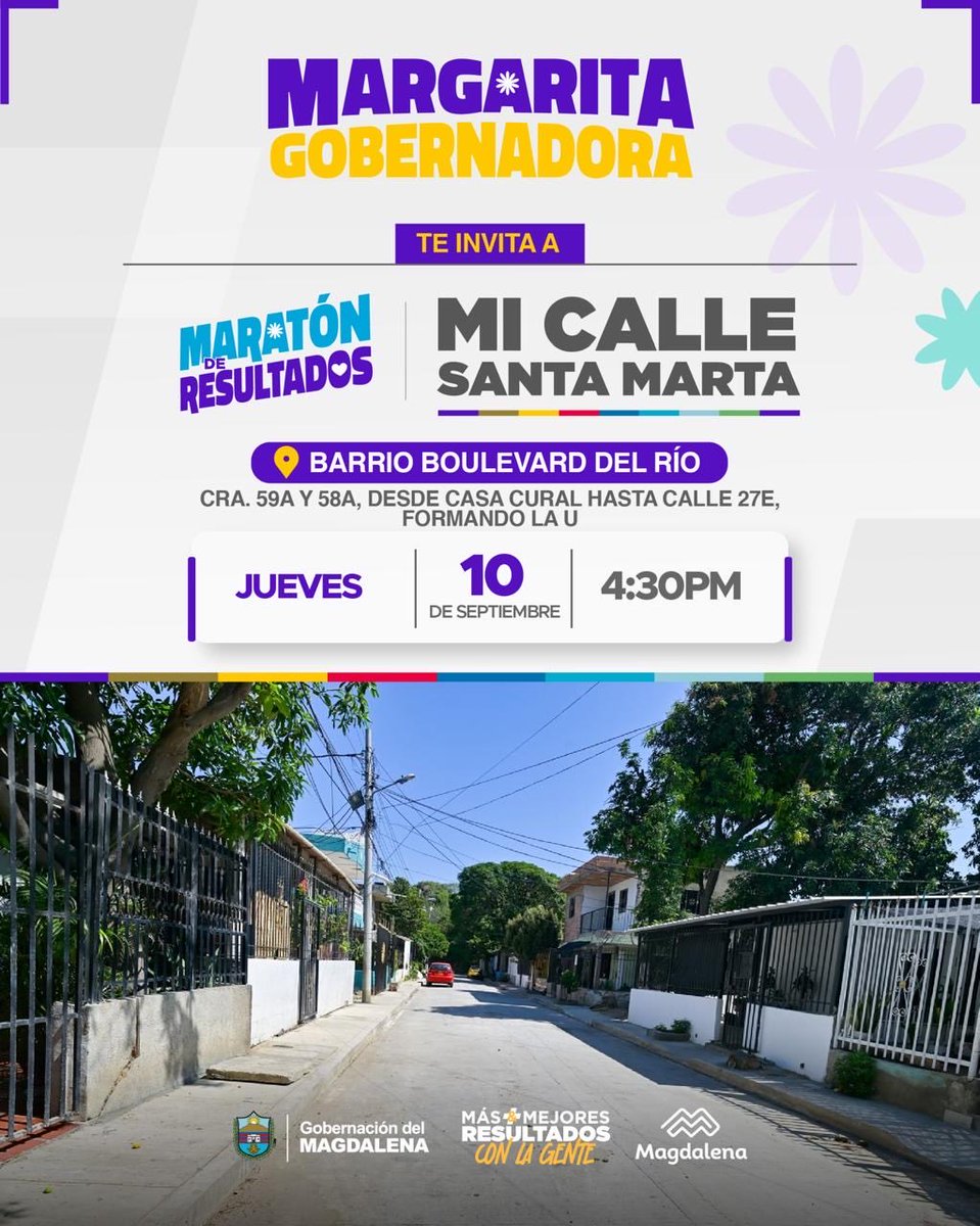 MagdalenaTic's tweet photo. 📢 Desde la Oficina TIC los invitamos al Maratón de Resultados: Mi Calle Santa Marta 🎉

📍 Barrio Boulevard del Río (Cra. 59A y 58A, desde la Casa Cural 

📅 Jueves 10 de septiembre
🕓 4:30 PM

¡Los esperamos para seguir mostrando más y mejores resultados con la gente! 💜💛 https://t.co/bJs6rLCoYL