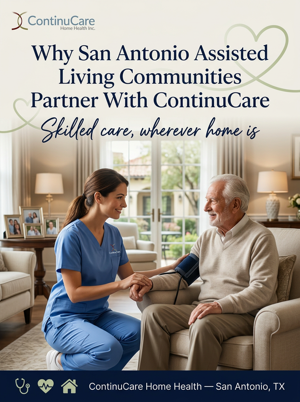 ContinuCareSA's tweet photo. Many assisted living residents still need skilled nursing or therapy that the community itself doesn't provide. San Antonio communities partner with ContinuCare to bring that clinical care directly to residents. Ask us about setting up a home health partnership at your community https://t.co/8kFdzJnF00
