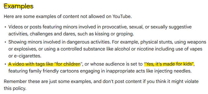 ugeeyoutube's tweet photo. Since @TeamYouTube wont give me back my monetization, I'm gonna explain why my channel is not "misleading family content"

This is directly from YouTube's Policies (will attach photos):

"Content that targets young minors and families"

By definition my content does not fit the description of "misleading family content" because it just simply does not target young minors. I have battle videos with creatures, dinosaurs and other fictional monsters that are too mature for kids to watch. 

68% of my audience is aged 25 - 44 year old according to my analytics on YouTube Studio. How does that mean that my channel targets children?

"family friendly cartoons that target young minors"

Not only are the cartoons not family friendly, because they are all based on movie monsters and kaijus. But also once again, they dont target young minors.

"make sure your titles, descriptions, and tags match the audience you're targeting"

My titles include the names of the monsters and creatures and have a "VS" and "Animation Battle" in them, since they are battle videos. My descriptions are just my socials, and my tags include the monsters and creatures from the video. 

None of these things target young minors!!!!

The Examples (second photo):

The only example that applies in my case is the last one, since my channel does not feature any minors. 

"video contains tags "for children"" or "audience is set to "Yes its made for kids""

Once again, my channel never contained any "for children" tags and ALL of my videos are set "no its not made for kids"

I just proved for the 10th time that my channel does not violate the "missleading family content"

@TeamYouTube PLEASE!!!

A few animators have been getting their monetization restored. 

Reinstate mine as well, and not just mine, but all others that are stil struggling to get theirs back!

@TeamYouTube
@YouTube
@reneritchie
@YouTubeCreators
@nealmohan

My channel: https://t.co/hsnxtnoVPP