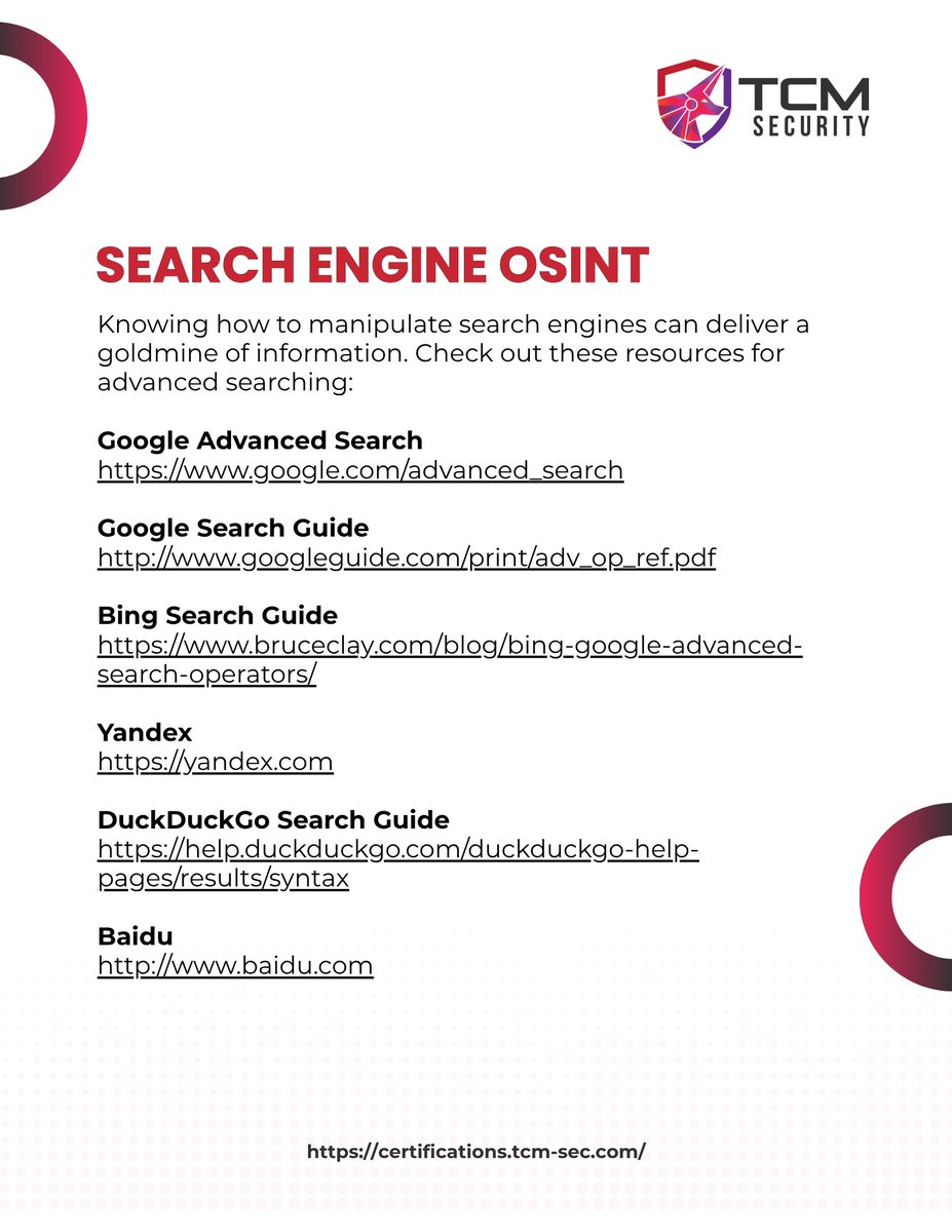 TCMSecurity's tweet photo. Looking for solid OSINT resources to add to your toolkit? 🔎
We put together a practical guide featuring tools and resources we use and recommend in our OSINT training, organized so you can quickly find what you need.

Inside, you’ll find resources for:

✅ Note-taking and investigation organization
✅ Building and managing sock puppets
✅ Search engine OSINT
✅ Image analysis and reverse image searching

Whether you’re just getting started with OSINT or looking to expand your current workflow, there should be something useful here.

And we know no OSINT resource list is ever truly complete ... so, what tools do you rely on? Drop your favorites in the comments. 👇

Want to go deeper? You can find our #OSINT course in the TCM Security Academy as well as a certification, the PORP (Practical OSINT Research Professional). https://t.co/inDceo6Hiu

And because X cuts us off, check out the entire guide here: https://t.co/T0qkw8X5ny