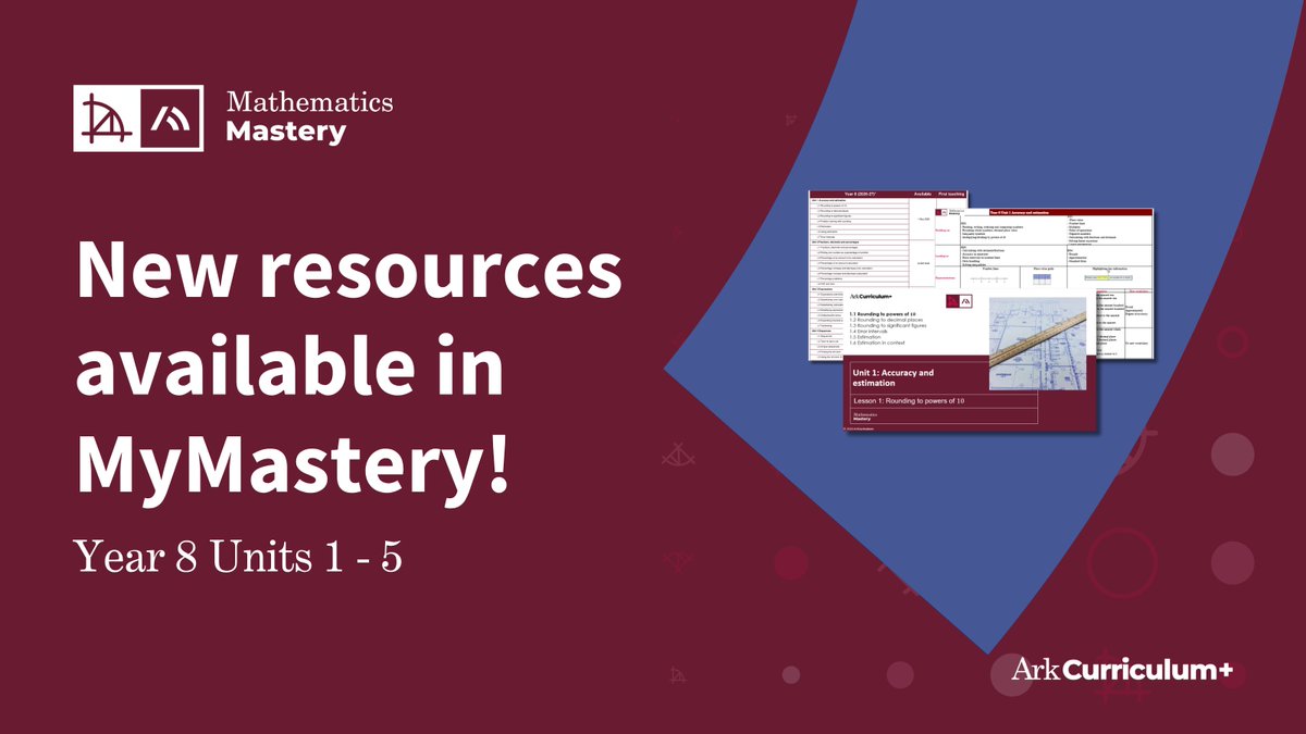 ArkCurriculum's tweet photo. 📢 Mathematics Mastery Secondary partner schools

New for 2026/27!

The first Year 8 units from our refreshed KS3 curriculum are now available in MyMastery.

Designed in response to school feedback, these brand new units support accessibility for all learners and usability for teachers at all levels of experience. Schemes of Work are also available for each unit, providing guidance on prior and future learning, key representations, common misconceptions, learning objectives, and example questions.

Access the new Year 8 resources: https://t.co/vKqjPdZDJx