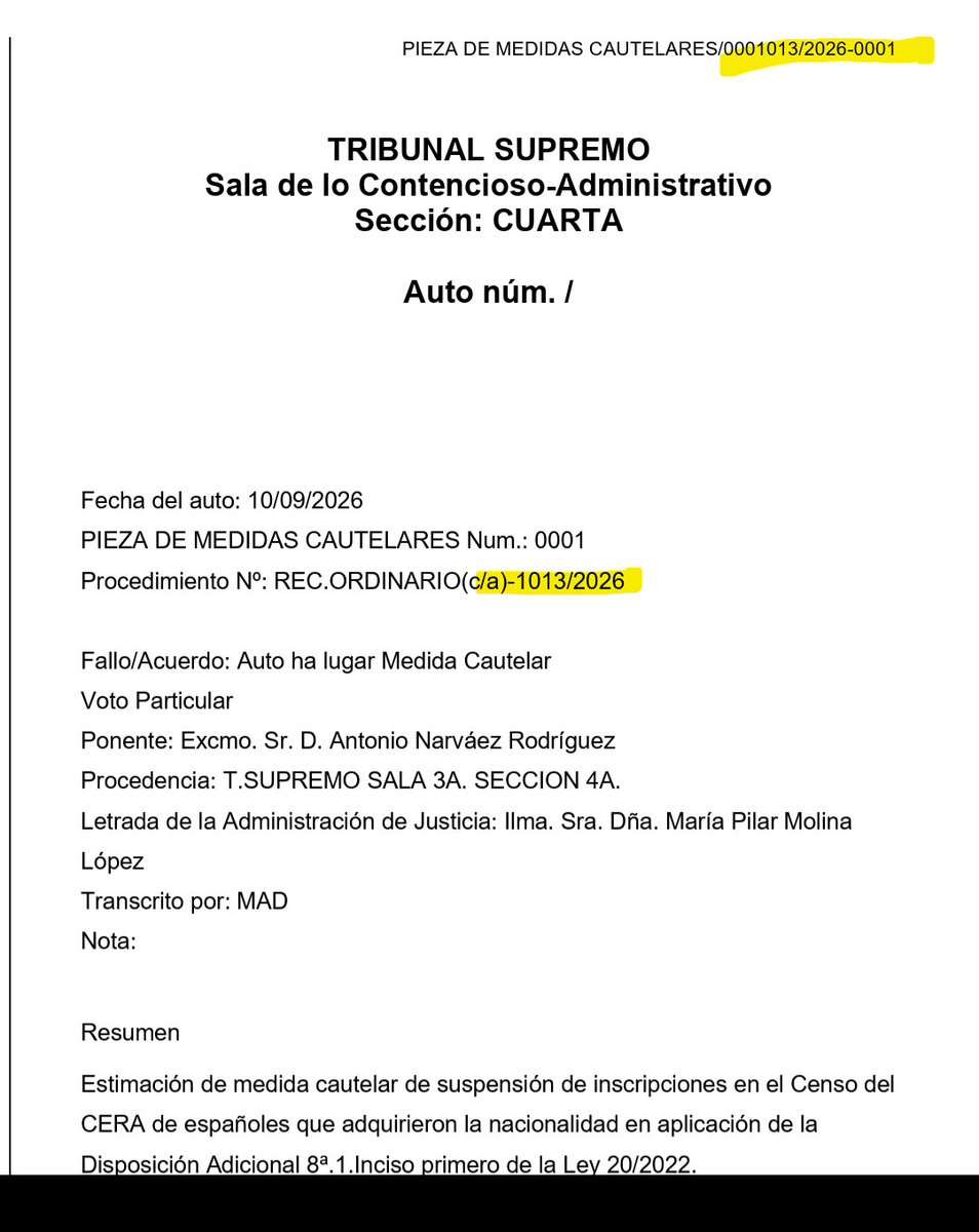 LMPardoAbogado's tweet photo. #ULTIMAHORA | LEY DE NIETOS

🟡 IUSTITIA EUROPA FACILITA EL AUTO DEL SUPREMO QUE ESTIMA SUS CAUTELARES SOBRE EL CERA

El Tribunal Supremo ha estimado la medida cautelar solicitada por IUSTITIA EUROPA en el procedimiento 1013/2026 y ha adoptado varias de las medidas planteadas por la formación:

Suspensión de determinadas inscripciones y de sus efectos electorales, desglose e identificación de expedientes y actuaciones concretas de la JEC y la OCE.

La Sala aprecia además un “peligro fundado, real y serio”, reconoce la concurrencia del periculum in mora y del fumus boni iuris y considera que la controversia afecta a la transparencia electoral, la confianza ciudadana y la legitimidad democrática de las instituciones.

👉 El Supremo ha estimado nuestras cautelares y ha adoptado medidas que @IustitiaEuropa venía reclamando para proteger la correcta formación del censo y la transparencia electoral. Esto empezó con nuestra actuación ante la JEC y hoy el Tribunal Supremo confirma la relevancia de aquella iniciativa.

👏 Todos gracias a vosotros, no a los políticos.