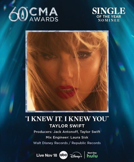 theswiftmuseum's tweet photo. 🏆 | “I Knew It, I Knew You” earns a “Single of the Year” nomination at the 60th Annual CMA Awards, one of country music’s most prestigious honors.

— It marks Taylor Swift’s first nomination in the category in 13 years. https://t.co/ak7GKAMxhi