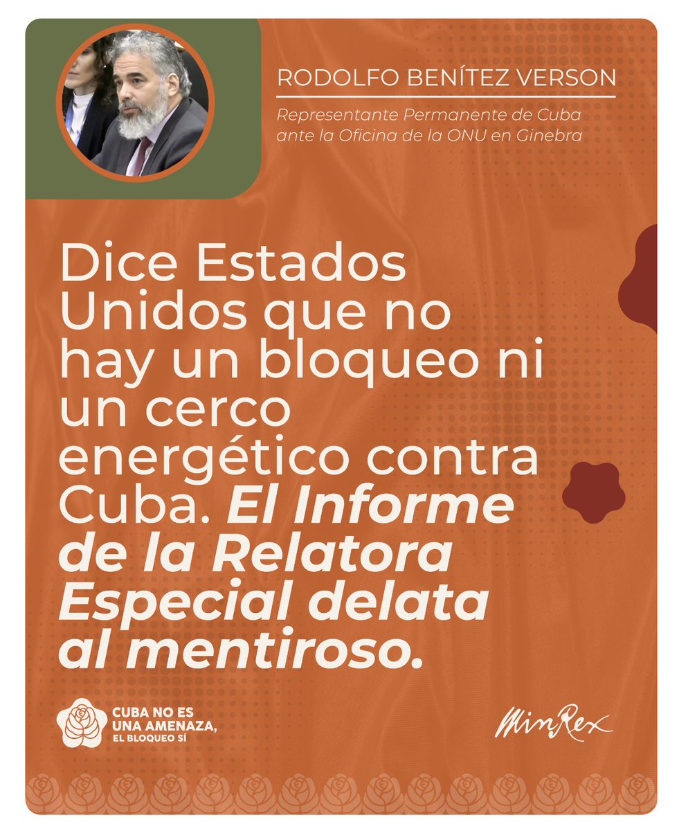 CubaMINREX's tweet photo. Con sólidas evidencias constatadas durante su visita a Cuba, la Relatora ha dictaminado en su informe que no solo existen, sino que además se intensifican de manera sostenida y ocasionan enormes daños.

#CubaNoEsUnaAmenaza, el bloqueo sí. https://t.co/6yOc8GlKfZ