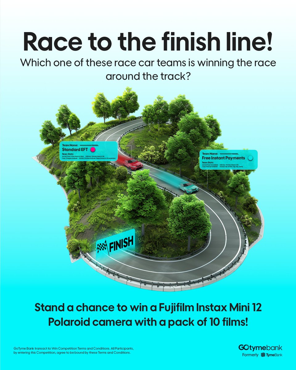 gotymebankza's tweet photo. It's #GoTymeThursday 🏁

Standard EFT and Free Instant Payments are racing to the finish line—but which team gets there first? 👀

Tell us in the comments and you could win a Fujifilm Instax Mini 12 instant camera with a 10-shot film pack. https://t.co/o3nnHHu4Na