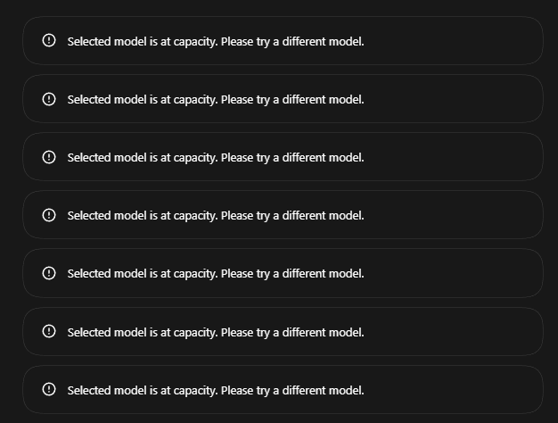 ItsDaDixi's tweet photo. For a while, it looked like the “Selected model is at capacity” issue had finally been resolved. Now it’s back, and people are still running into it.

I’m unable to get ANY work done because of this. Please fix it!!!

Anyone else having the same issue? https://t.co/aX7jWTClNI
