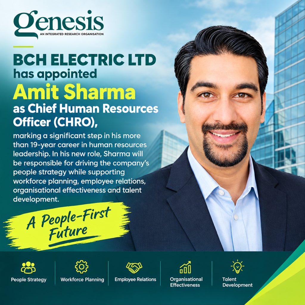 ggmspl's tweet photo. 🎉 Leadership Update | BCH Electric Ltd

#BCHElectricLtd has appointed Amit Sharma as Chief Human Resources Officer (CHRO), bringing over 19 years of HR leadership experience to the role.

Wishing him great success in this new journey! 👏 https://t.co/4RyaB8xoGA