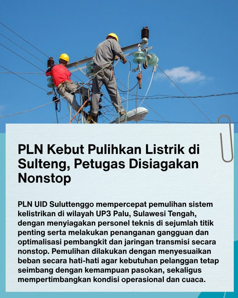 servionawulan's tweet photo. Kerja tim PLN di lapangan tuh nggak sesimpel yg keliatan. Ada pengecekan jaringan, perbaikan, sampai memastikan pasokan tetap aman sebelum listrik dinyalakan kembali. Di Palu dan sekitarnya, upaya pemulihan terus dikebut supaya aktivitas masyarakat nggak terlalu lama terganggu https://t.co/6EF96WBkH7