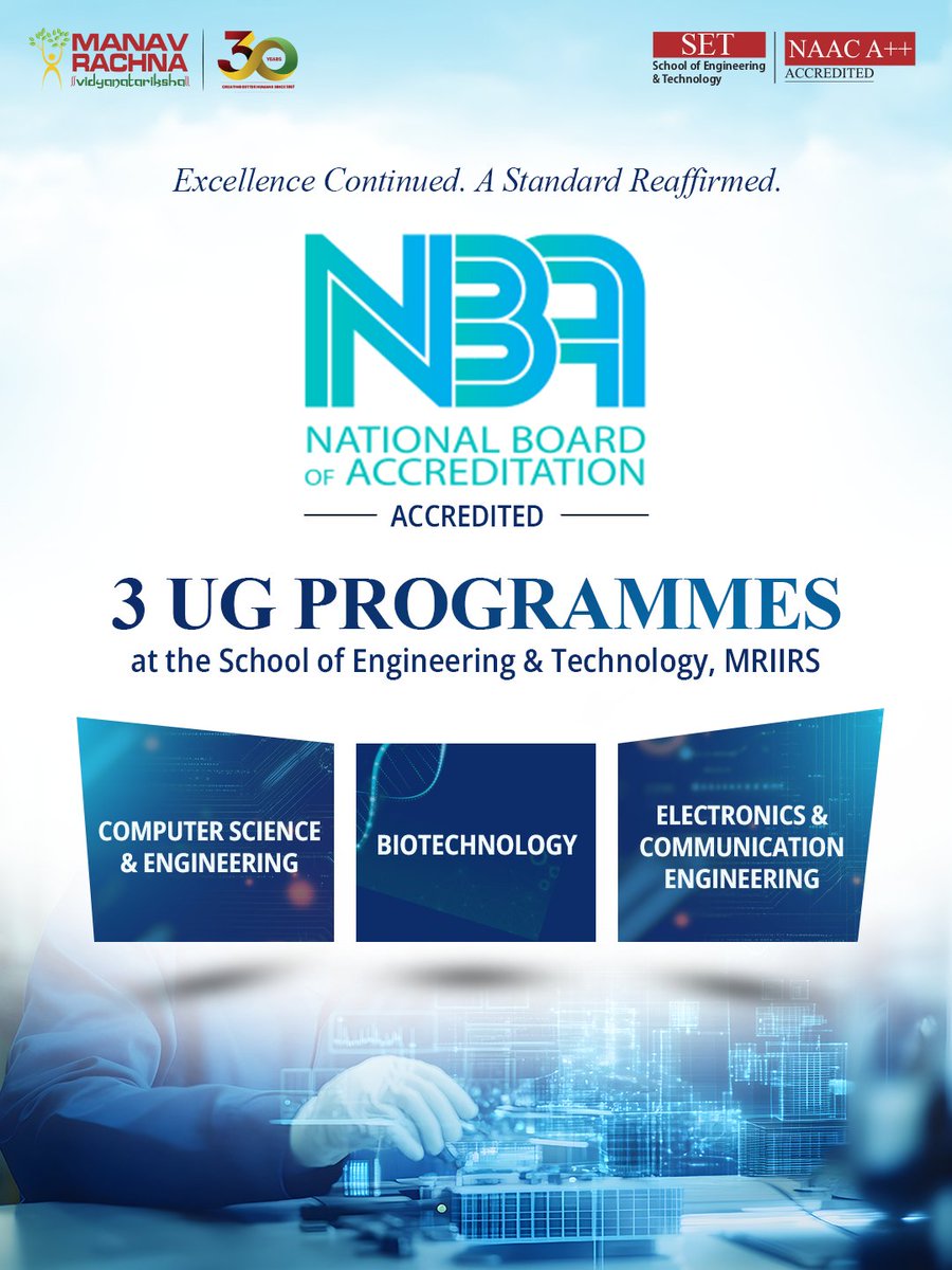 manav_rachna's tweet photo. A legacy of excellence, strengthened once again.

Three undergraduate programmes at Manav Rachna International Institute of Research and Studies have earned NBA accreditation, reaffirming our commitment to academic rigour, quality education and future-ready learning.

Building on a legacy. Setting new benchmarks for excellence.

#ManavRachna #MRIIRS #NBAAccreditation