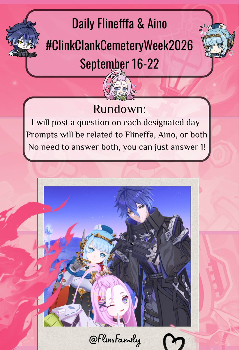 FlinsFamily's tweet photo. Hello everyone! I'd love to announce the launching of the first ever ClinkClankCemeteryWeek! (yes the poll isn't even done yet but I went with that name)

For details, read the graphic below and wait for the start of the first day on September 16 ^^

#ClinkClankCemeteryWeek2026 https://t.co/Mt8umhxRhx