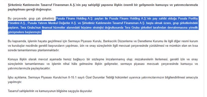 1048_0808's tweet photo. Pusula Finans Holding A.Ş. payları ile Pusula Portföy Yönetimi A.Ş., Pusula Yatırım Menkul Değerler A.Ş. ve Katılımevim Tasarruf Finansman A.Ş. başta olmak üzere, grup şirketlerindeki payların, Tera Grubu şirketleri tarafından devralınmasına yönelik görüşmelere başlanmıştır. https://t.co/ubQiE1joDl