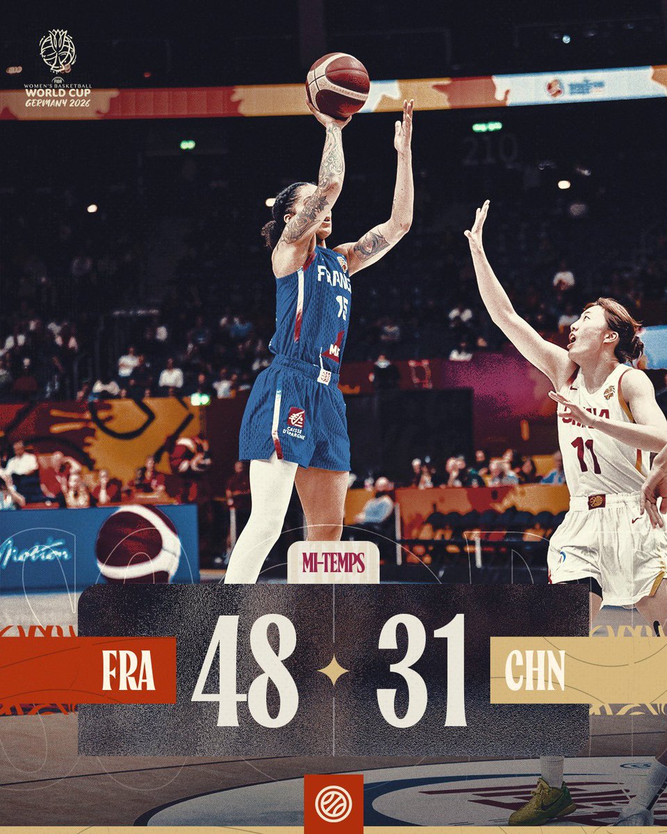 FRABasketball's tweet photo. +17 à la mi-temps !

Suivez le quart de finale en direct sur TMC et BeIN Sports 1 📺

#PassionnémentBleu | #CHNFRA | #FIBAWWC https://t.co/q425qbmQfE