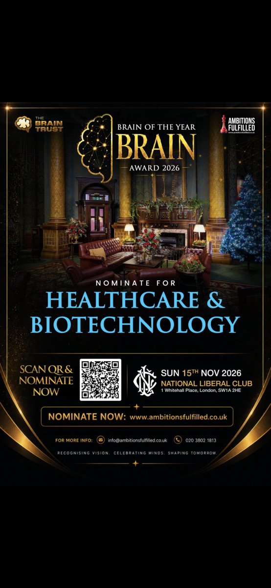 AMBITIONSF36476's tweet photo. 🧠✨ NOMINATIONS ARE OPEN — BRAIN OF THE YEAR AWARD 2026! ✨🧠
It’s time to recognise the incredible minds making a real difference within Healthcare &amp; Biotechnology. 🩺🔬
 #HealthcareProfessionals #Awards2026 https://t.co/imYudNXkGy