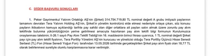 1048_0808's tweet photo. SPK, #PEKGY için zorunlu pay alım teklifi bilgi formunu onayladı.

Tera Yatırım Holding’in pay alım teklifi fiyatı 18,77 TL olarak belirlendi.

#PEKGY #tera #tly https://t.co/NwrTwbB8h5