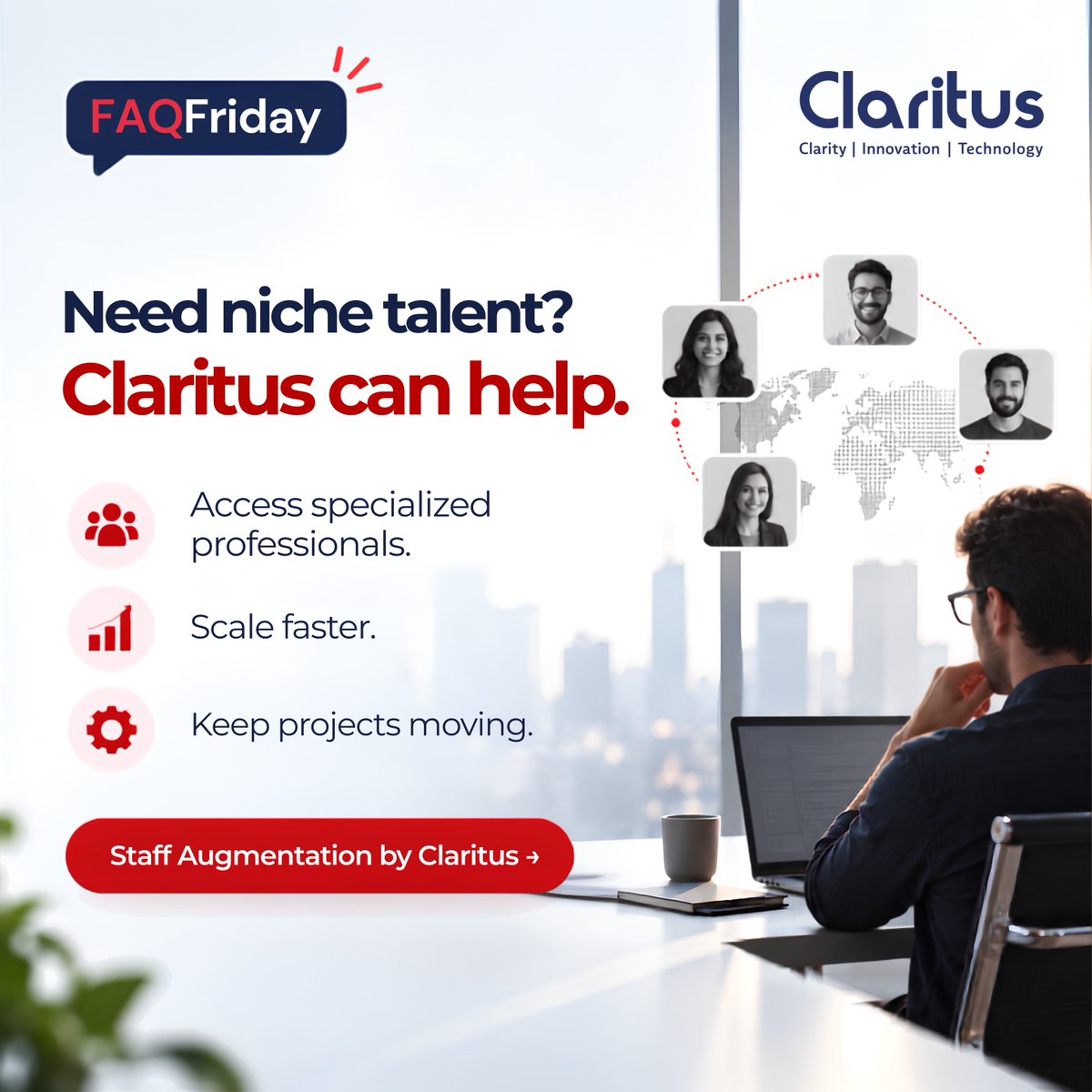 consultclaritus's tweet photo. Some skills are just harder to find.
AI. Cloud. Cybersecurity. Data.
When the right expertise isn't already on your team, Staff Augmentation can bring it in when you need it.
Right skill. Right project. Right time.
#StaffAugmentation #TechTalent #NicheTalent #Claritus https://t.co/Wv9Em3PnUc