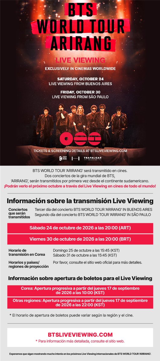 btsarmycol_'s tweet photo. 🎬💜 BTS WORLD TOUR ‘ARIRANG’ llegará a los cines de todo el mundo.

Por primera vez, un BTS Live Viewing será transmitido desde Sudamérica, llevando la experiencia de la gira a la pantalla grande con dos conciertos:

🇦🇷 Buenos Aires
📅 24 de octubre de 2026
🕕 6:00 p. m. 🇨🇴

🇧🇷 São Paulo
📅 30 de octubre de 2026
🕕 6:00 p. m. 🇨🇴

🌎 Las transmisiones estarán disponibles en cines de todo el mundo. Para algunas regiones, la proyección podrá realizarse en un horario posterior para adaptarse a la hora local.

🎟️ La apertura de boletos para otras regiones comenzará progresivamente el 17 de septiembre. Los horarios pueden variar según el país y el cine.

🔎 Toda la información oficial sobre países, cines, horarios y entradas:

https://t.co/sp3FAD4ozo⁠

💜 ARMY, esta parte del Tour ARIRANG también se vivirá en la pantalla grande.

#BTS #BTSWORLDTOUR #ARIRANG #BTSLiveViewing