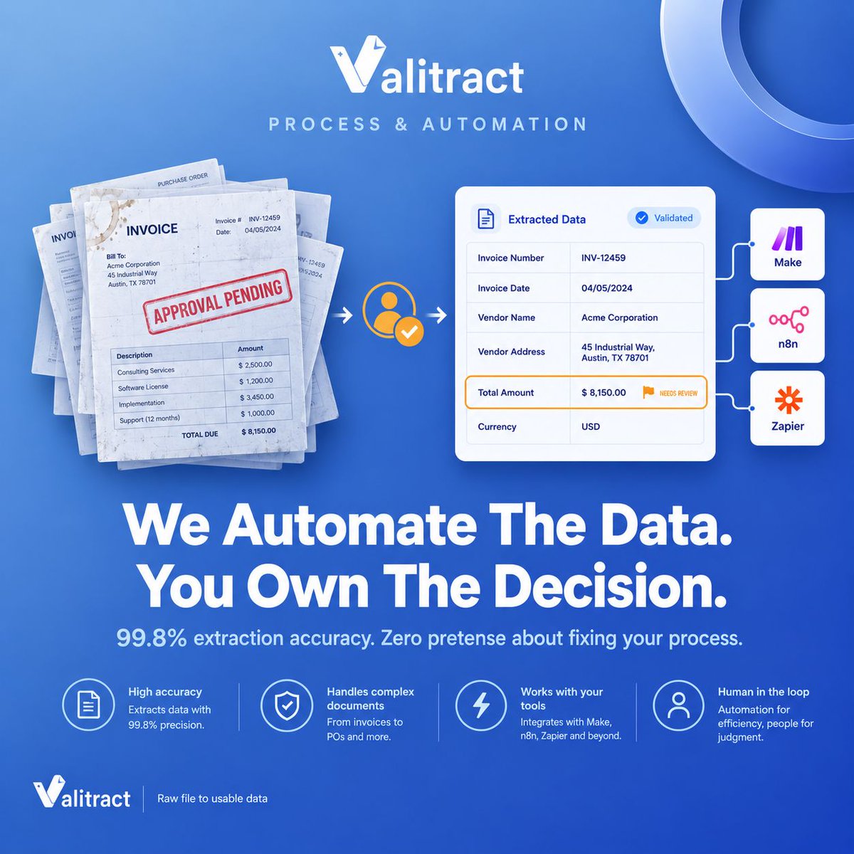 valitract's tweet photo. Buying an OCR tool won't fix your broken approval process. Anyone who says it will is lying to you.

Extraction gets the numbers off the page. It won't make a manager approve an invoice on a Friday.

Valitract kills the data entry bottleneck — 99.8% accuracy, 100+ doc types, 95+ languages. The rest is on your process.

Explore Valitract: https://t.co/7g9dWSRXm5

#AccountsPayable #WorkflowAutomation