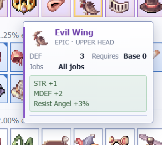 andyHood333's tweet photo. Evil Wing is honestly one of those headgears that looks cool AND feels useful 👿🔥 DEF 3 + STR +1, MDEF +2, and Angel resistance +3%? For an EPIC upper-head item usable by ALL jobs, this is definitely worth keeping an eye on! #IdleRO @IdleROGame https://t.co/RzavCAbf3j