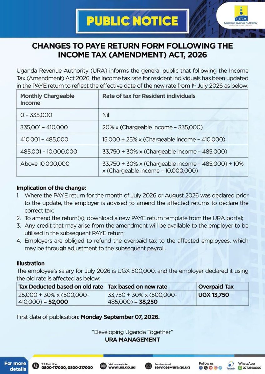 Sudhirntv's tweet photo. If you earn 4.8 million to 10m you will be paying a 30% income tax. Tougher times ahead thanks to @URAuganda https://t.co/zQlwq5qQgj