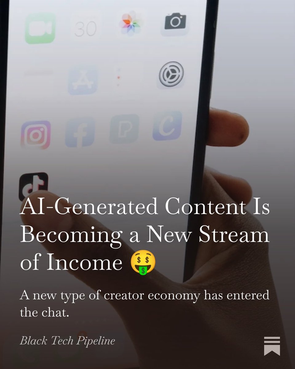 BTPipeline's tweet photo. A new creator economy has entered the chat, and they don’t even have to reveal their identity.

Creators are using AI to build audiences and make money through music, virtual influencers, characters, and clip farming.

Learn more below🔗
#blacktechtwitter #ai https://t.co/1Q0OAoPxNI