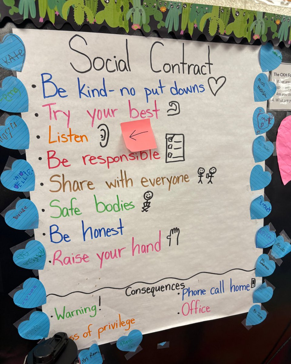iheartckh's tweet photo. Have a CKH Social Contract in your classroom? We’d love to see it! Tag us or share a photo in the comments. 👇

CKH Social Contracts in your classrooms... 
There’s no one-size-fits-all social contract. Each one reflects the unique voices, values and needs of the students and educators who created it.

Swipe through to see how educators are bringing their Social Contracts to life, and let these examples inspire your own classroom conversations.

#CapturingKidsHearts #CKH #CKHSocialContract #ClassroomCulture #StudentVoice #ConnectedClassrooms