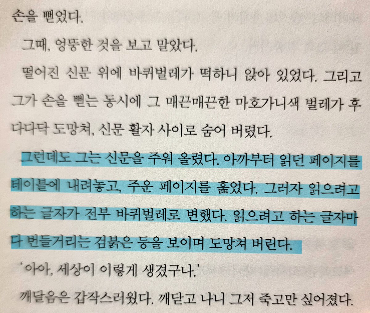 10mountstupid01's tweet photo. 책 초반과 언급된 '바퀴벌레'가 무슨 의미인지 책 후반에서 알게 되었다.

주인공은 '일상'(일반적이고, 단조롭고, 지루한)을 살아가는 사람들을 '바퀴벌레'라고 표현한 것이다.

그런 사랑스러운 사람들을 바퀴벌레로 밖에 보지 못한 주인공이 안타까웠다. 스스로의 삶조차 사랑스럽게 보지 못한다. https://t.co/jrus4OUuJL