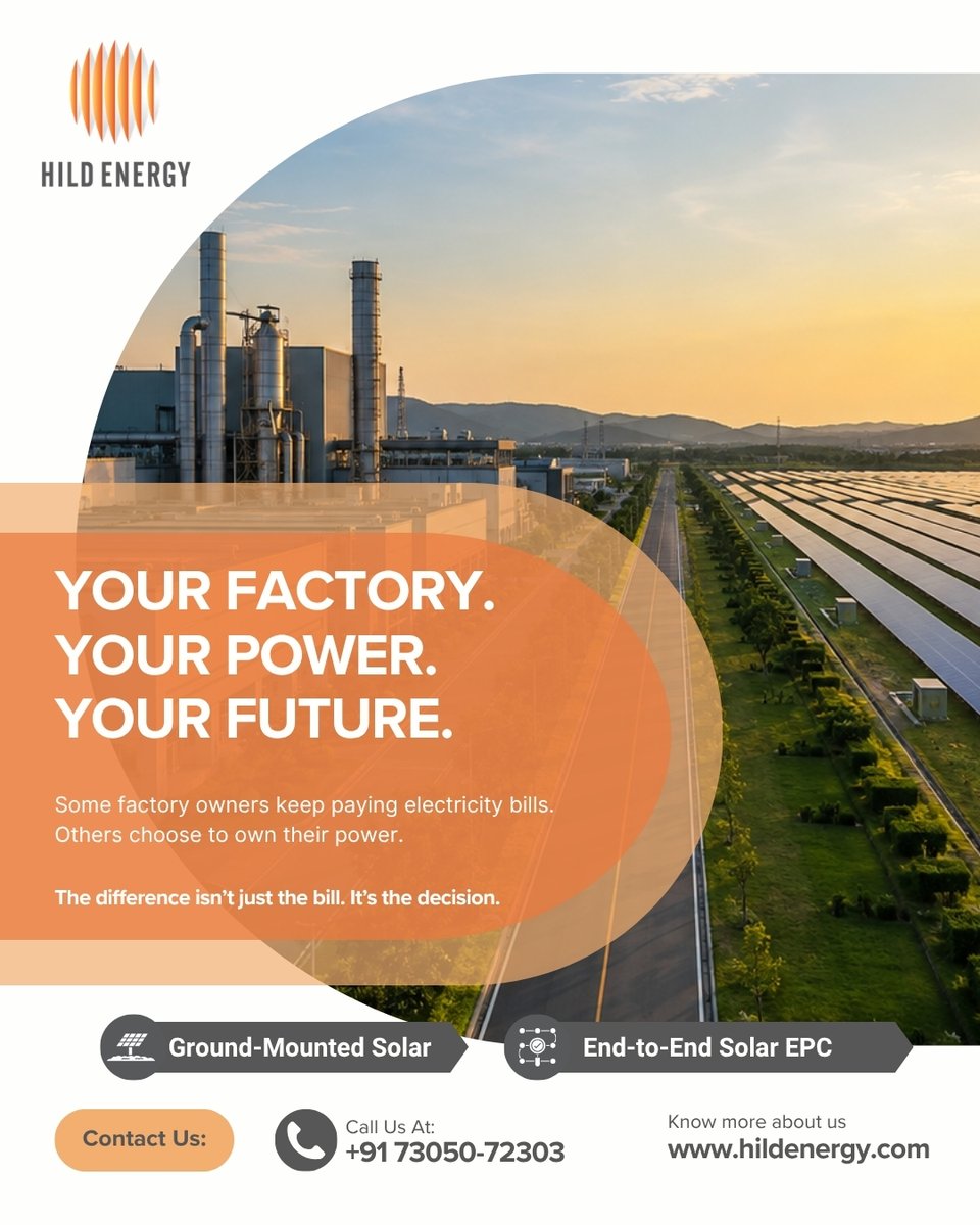 hild_energy's tweet photo. Your Factory. Your Power. Your Future.
πΉ Ground-Mounted Solar
πΉ End-to-End Solar EPC
πΉ Reliable & Sustainable Energy Solutions
π +91 73050 72303
π https://t.co/d8M1N1YU9c
#HildEnergy #SolarEPC #IndustrialSolar #GoSolar #CarbonReduction #Decarbonization https://t.co/bmfzoCTP0E