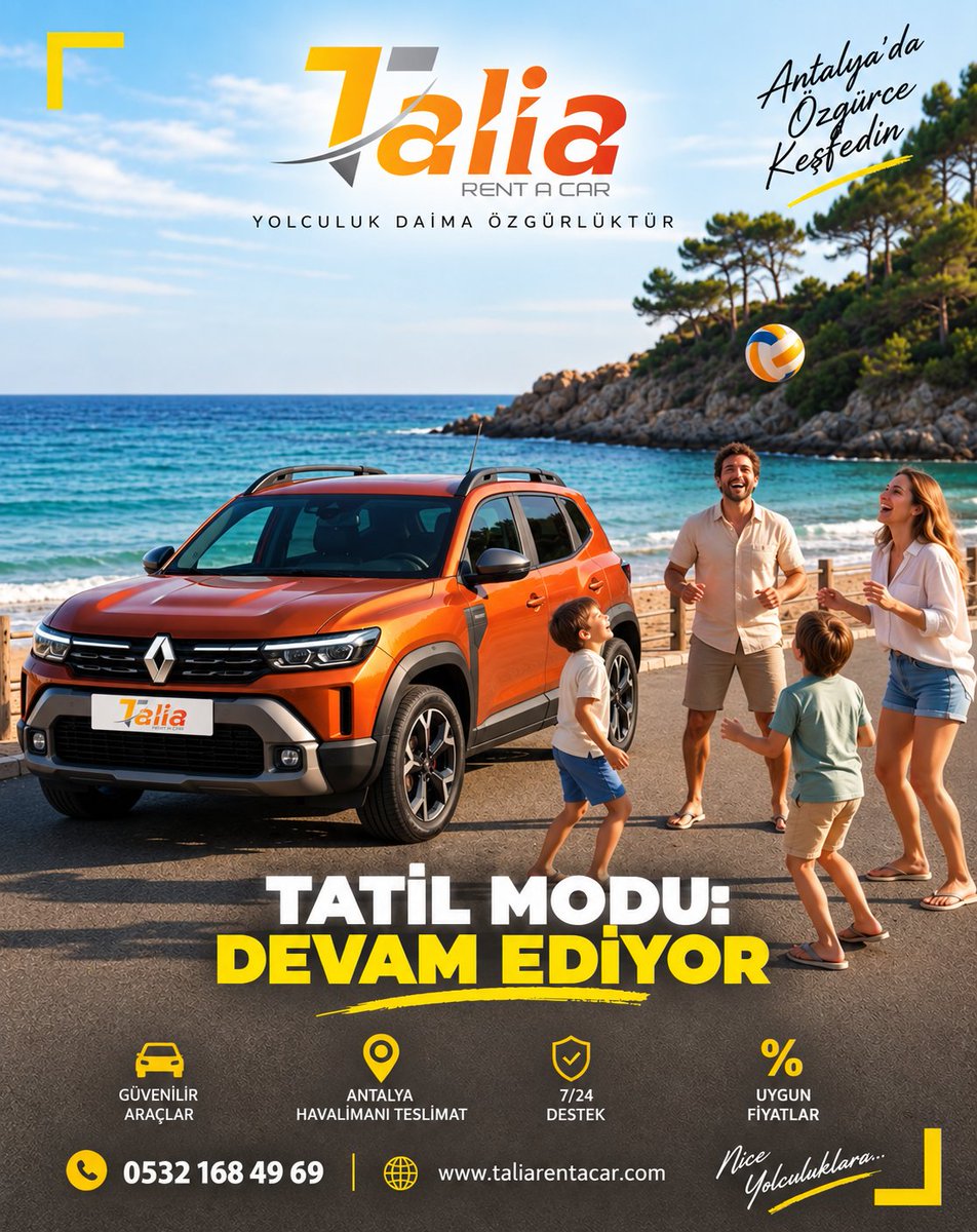 taliarentacar's tweet photo. 🚗☀️ Tatil modu: DEVAM EDİYOR!
Antalya’yı keşfetmenin en özgür yolu Talia Rent A Car. 🌊
📍 Antalya Havalimanı teslimat
📞 0532 168 49 69
🌐 https://t.co/5Ki6i90xQV

#TaliaRentACar #Antalya #RentACar #AntalyaHavalimanı https://t.co/bvOuqRtnAZ
