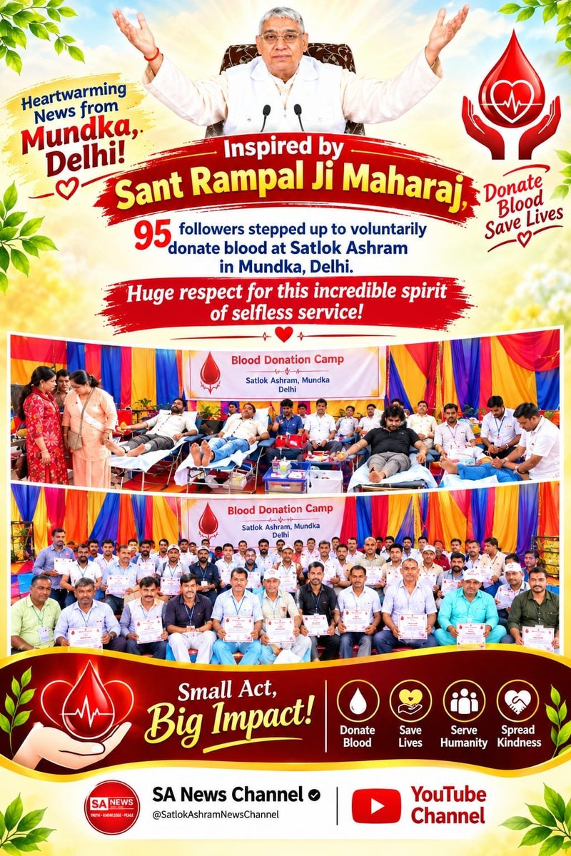 sharma_rin2684's tweet photo. #परमार्थ_की_गजब_मिसाल
Message of Humanity from Mundka, Delhi!
At Satlok Ashram Mundka in the national capital, 95 followers voluntarily donated blood, inspired by Sant Rampal Ji Maharaj. Their spirit of selfless service is truly commendable!
Savior Sant Rampal Ji https://t.co/uH39xrma8I