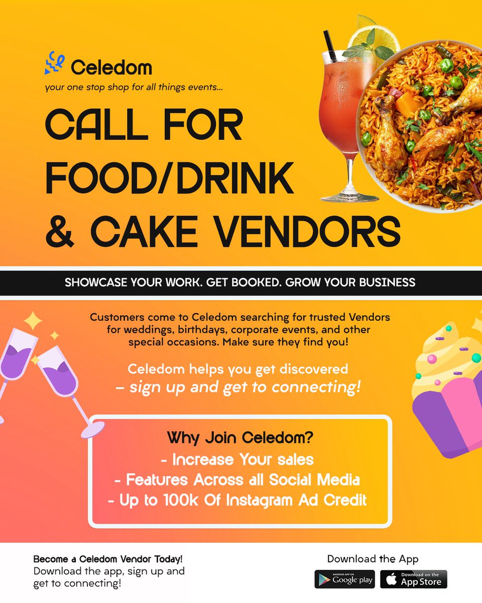 CeledomApp's tweet photo. CALL FOR FOOD/DRINK &amp; CAKE VENDORS 
Clients come to Celedom searching for trusted vendors for weddings, birthdays, corporate events, and other special occasions. Make sure they find you!
Features on all Social Media platforms 
Become a Celedom Vendor Today. https://t.co/hHNQSWQKXM