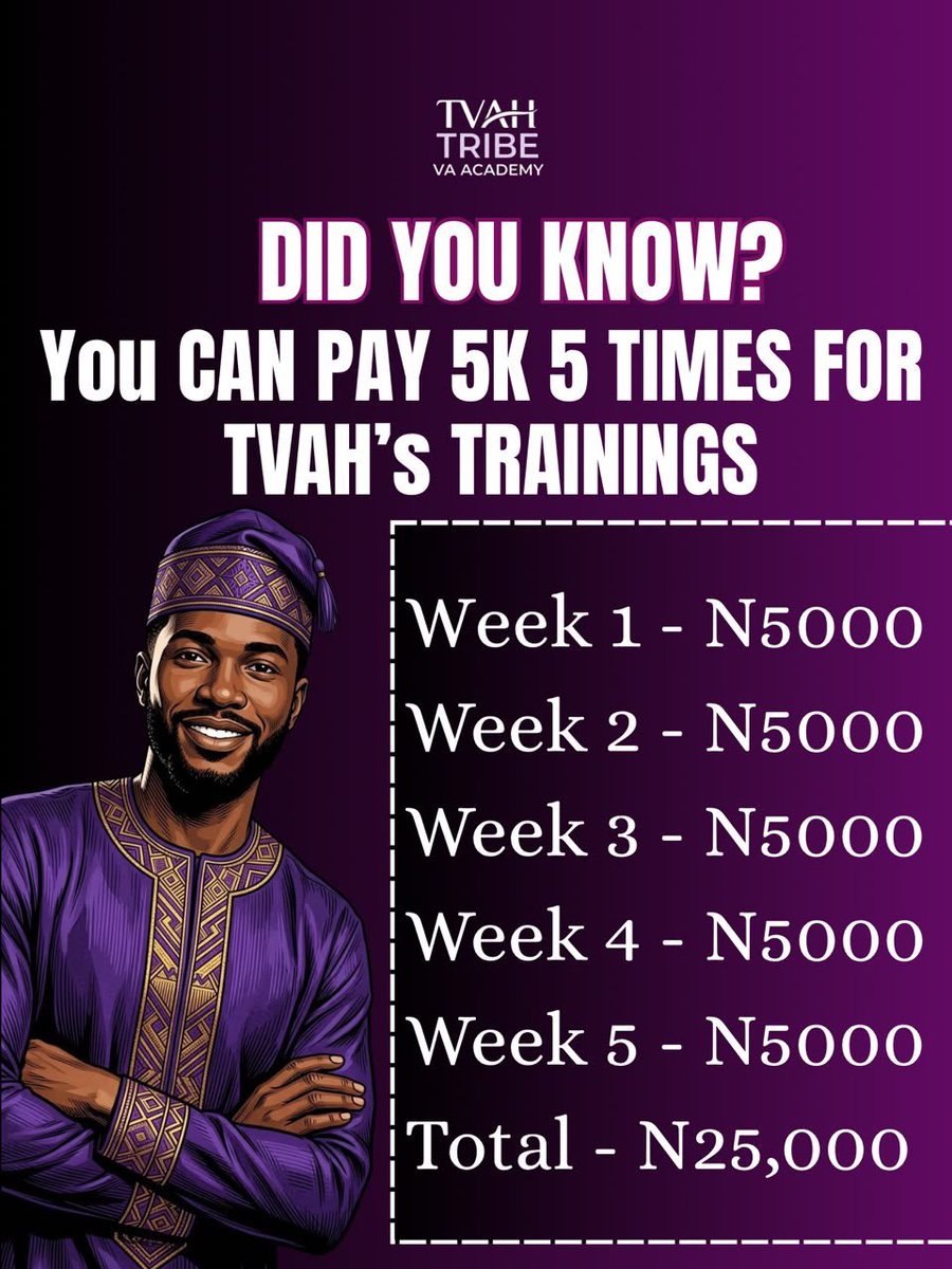 TvahTribe's tweet photo. Did you know? N25k feels heavy as one number, but broken down, it’s just N5k/week for 5 weeks.

That’s less than a week of random spending—invested in skills that transform your income.
📢 Cohort 6   registration opens Monday!
📲 DM us to get started: https://t.co/nFATwfxSsA https://t.co/yeixEulrV2