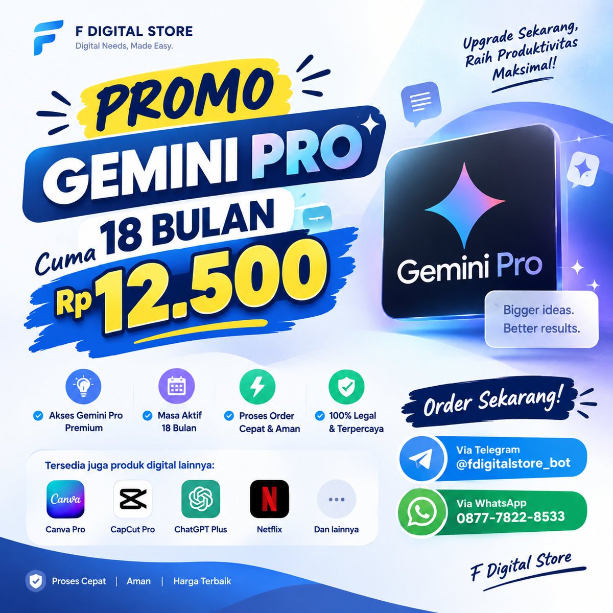 Epuy547's tweet photo. WTS GEMINI PRO 18 BULAN — CUMA Rp12.500 🔥

🔒 Akun privat, bukan family/share
📧 Bisa pakai Gmail sendiri
👥 Bisa add 5 family
🎬 1.000 kredit/bulan Google Flow
✨ Flow tanpa watermark

👉 ORDER VIA TELEGRAM
 https://t.co/8zEBopn10u
👉 ORDER VIA WA 
 https://t.co/VwIV7areRR https://t.co/UbRyghjVK4
