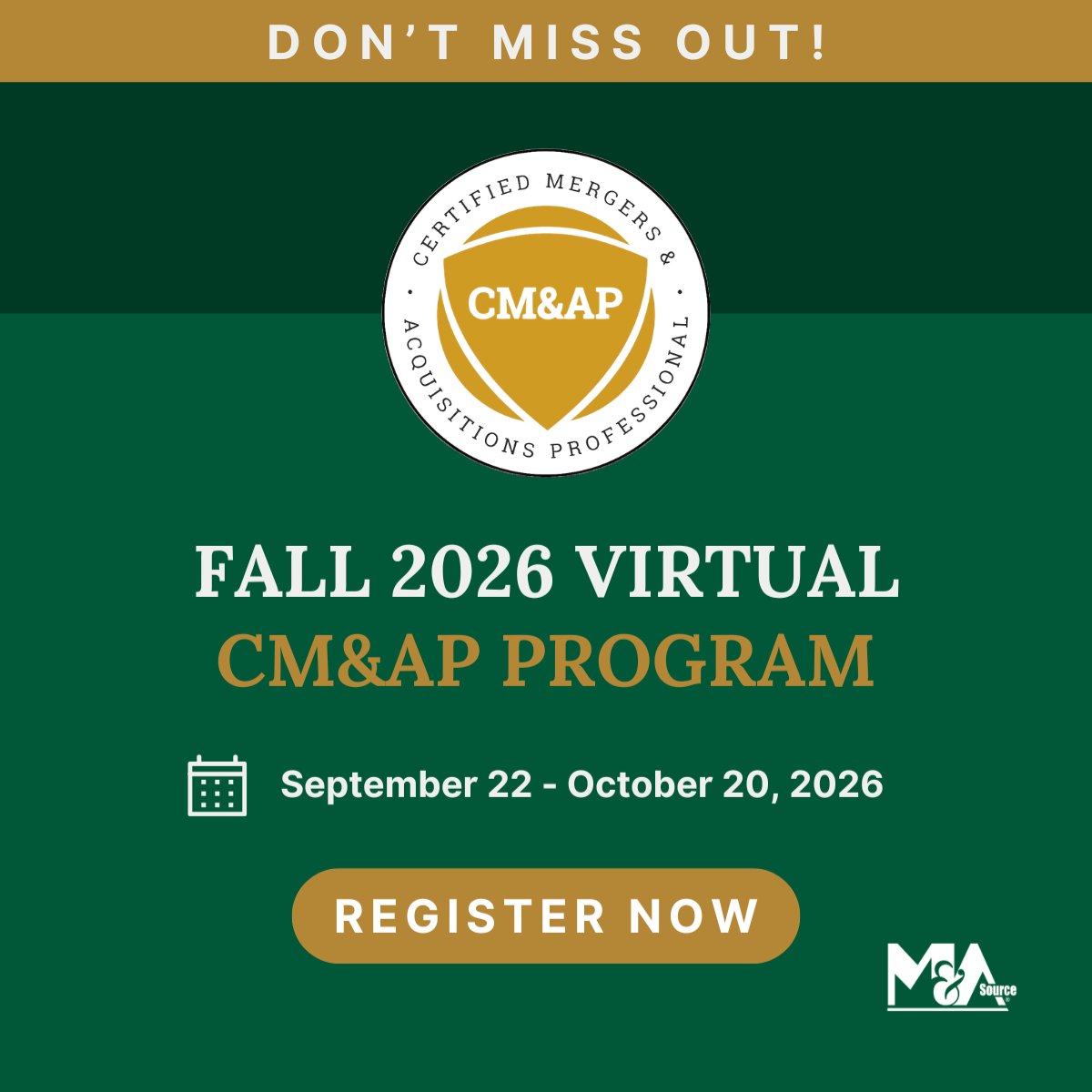MAsource's tweet photo. Don’t miss your chance to join us for the next CM&amp;AP! Virtual courses begin September 22.

Built for advisors ready to formalize their expertise and sharpen deal execution, with credit toward your M&amp;AMI included.

Seats are limited. Register now: https://t.co/mA3tf5SGQ5 https://t.co/UVGaBgxzfC