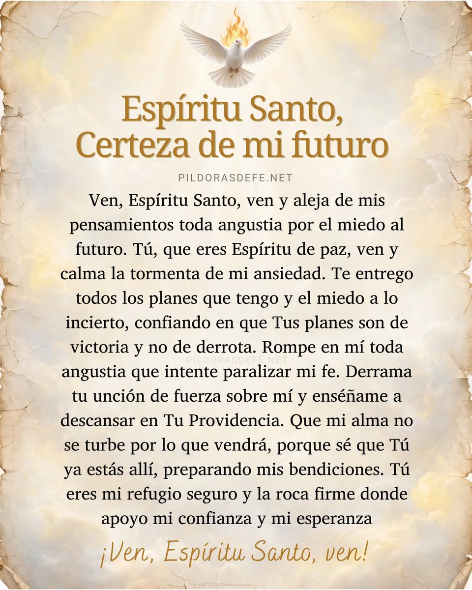 Pildorasdefe's tweet photo. Ven, Espíritu Santo; entre tantas preocupaciones, miedo, ansiedad y angustias, sé Tú la certeza de nuestro futuro y ayúdanos a caminar sabiéndonos sostenidos por ti...

🙏 https://t.co/Y1Rsl851GC