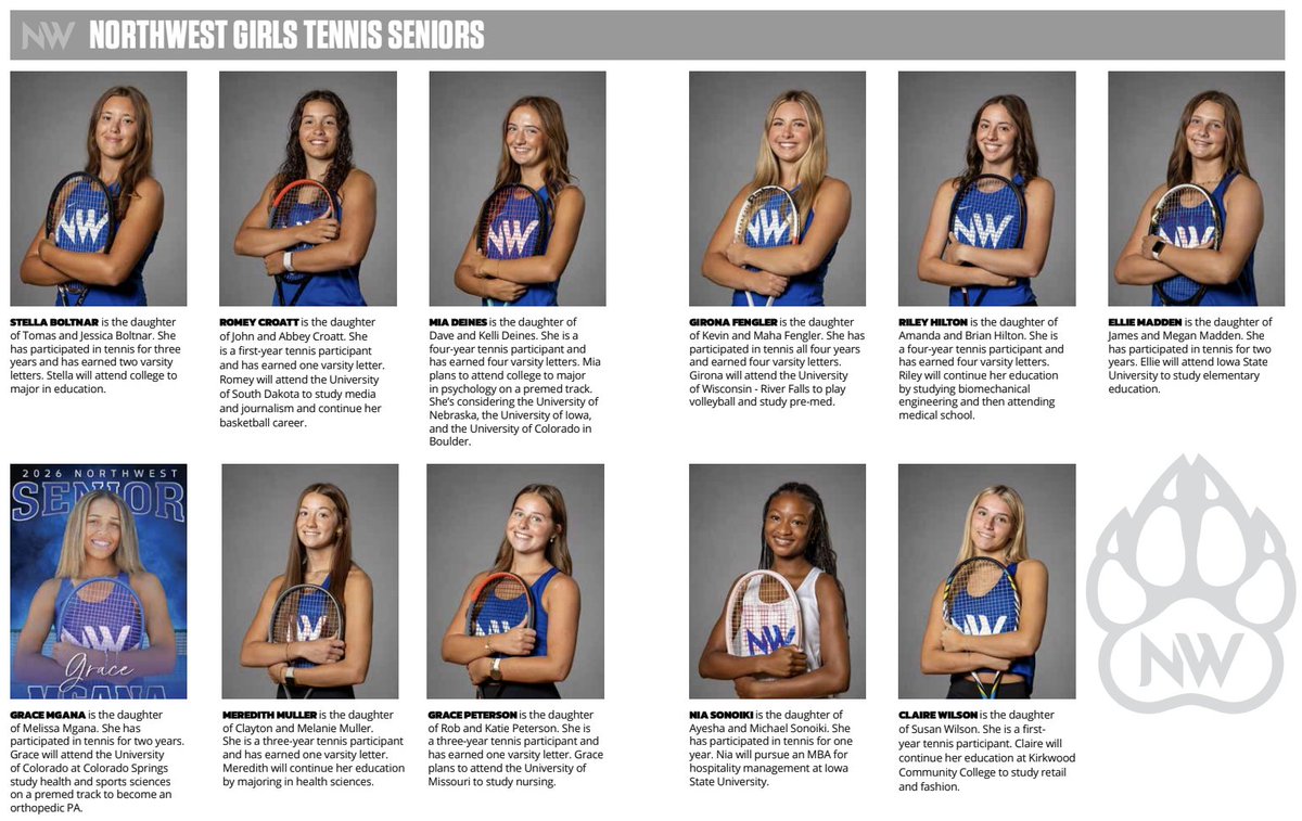 GirlsNWTennis's tweet photo. Tonight is senior night. We will honor our seniors before the varsity football game. Our seniors have been wildly successful helping qualify for our first state tournament as freshmen, winning back to back state titles as sophs and juniors, and currently sit ranked #1. https://t.co/IucO1CsPQa