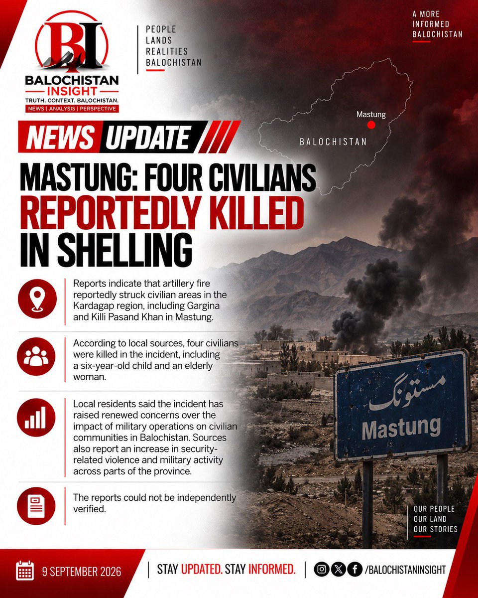 Baloch_Insight's tweet photo. MASTUNG: FOUR CIVILIANS REPORTEDLY KILLED IN SHELLING

Reports indicate that artillery fire reportedly struck civilian areas in the Kardagap region, including Gargina and Killi Pasand Khan in Mastung.

According to local sources, four civilians were killed in the incident, https://t.co/4HcPwBOSUF