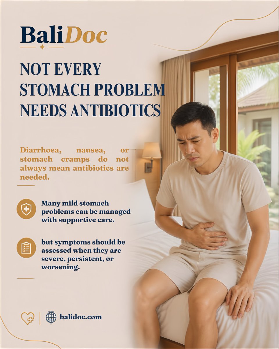 BaliDoc_'s tweet photo. Not every stomach problem needs antibiotics.

For mild diarrhoea, nausea, or vomiting, fluids, oral rehydration solution, light food, and rest may help. Antibiotics should only be taken when prescribed, as using them incorrectly can cause side effects and antibiotic resistance.

Seek medical advice if you notice blood in your stool, high fever, severe or worsening pain, signs of dehydration, ongoing vomiting, or symptoms that don’t improve.

Feeling unwell in Bali? BaliDoc can assess your symptoms and guide your next steps. Visit https://t.co/FpHihAUM1w 💙

#BaliDoc #TravelHealth #StomachHealth #AntibioticAwareness #BaliTravel