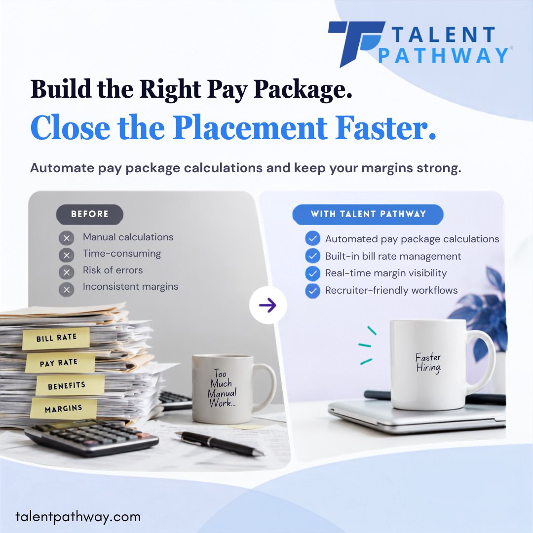 TalentPathwayUS's tweet photo. Every minute spent calculating a pay package is a minute away from closing the placement. Talent Pathway makes it easier to build accurate pay packages, see your margins clearly, and get offers out faster.

Calculate less. Place more. https://t.co/1cajhYlxon