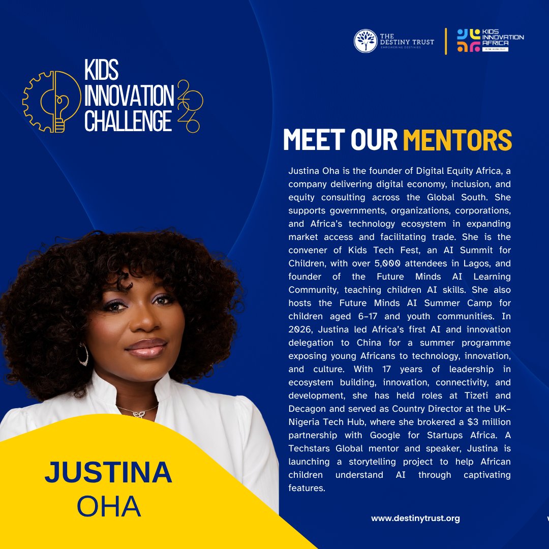 TheDestinyTrust's tweet photo. The Kids Innovation Challenge 2026 Inception Bootcamp starts today! 🚀

Our finalists are arriving in Lagos from across the country, bringing bold ideas, working prototypes, and a determination to build solutions that matter.

Over the next 48 hours, these young innovators will be refining, testing, and perfecting their projects for the Grand Finale, guided by industry experts in tech and enterprise.

Meet the incredible mentors helping our finalists sharpen their solutions, tell their stories, and get stage-ready!

Next stop: The Grand Finale on September 12. 🏆

#KidsInnovationChallenge #KidsInnovationAfrica #TheDestinyTrust #YoungInnovators #InnovationForGood #TechForGood
