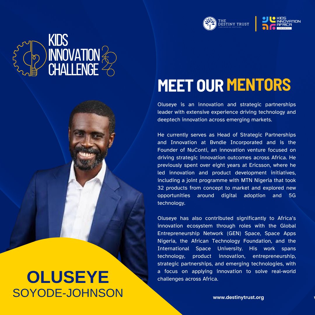 TheDestinyTrust's tweet photo. The Kids Innovation Challenge 2026 Inception Bootcamp starts today! 🚀

Our finalists are arriving in Lagos from across the country, bringing bold ideas, working prototypes, and a determination to build solutions that matter.

Over the next 48 hours, these young innovators will be refining, testing, and perfecting their projects for the Grand Finale, guided by industry experts in tech and enterprise.

Meet the incredible mentors helping our finalists sharpen their solutions, tell their stories, and get stage-ready!

Next stop: The Grand Finale on September 12. 🏆

#KidsInnovationChallenge #KidsInnovationAfrica #TheDestinyTrust #YoungInnovators #InnovationForGood #TechForGood