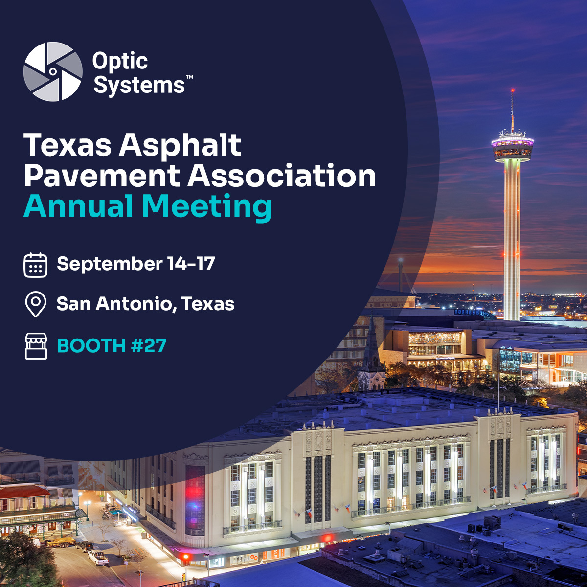 optic_systems's tweet photo. Heading to San Antonio for the Texas Asphalt Pavement Association Annual Meeting! 🤠

If you’ll be there Sept. 14–17, stop by Booth #27 to see how Optic Systems helps teams improve field visibility and documentation.

#TAPA #AsphaltIndustry #OpticSystems https://t.co/B6HqQTdpSG