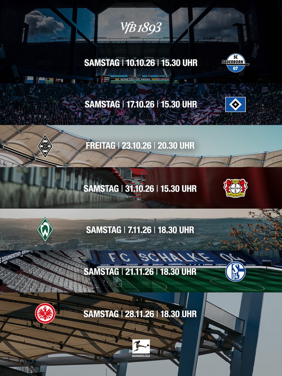 VfB's tweet photo. Dreimal Top-Spiel am Samstagabend

Die Bundesliga hat am heutigen Donnerstag die Spieltage fünf bis elf zeitgenau angesetzt. Der VfB absolviert in diesem Zeitraum dreimal das Top-Spiel am Samstagabend.

Hier gibt's alle Infos: https://t.co/FAQw1ys9o4

#VfB | #VfB1893 | #Bundesliga